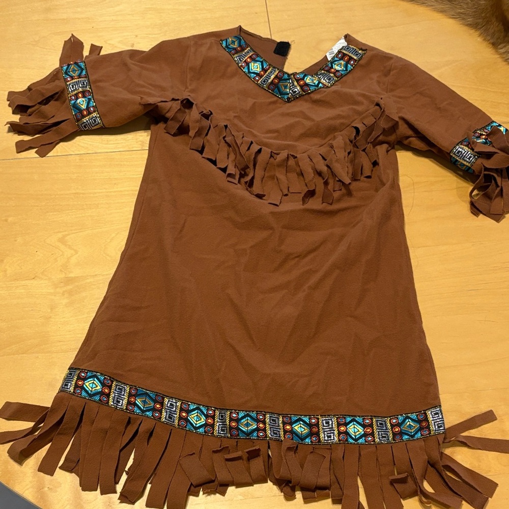 Brown Fringe Child Native American Dress with Patterned Trim and Headband